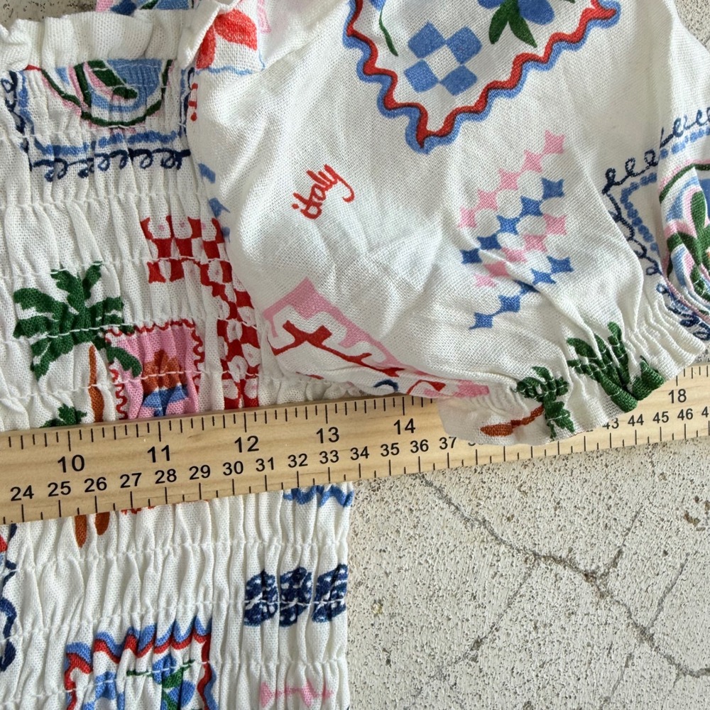 Crop Top NWT Smocked Blouse Puff Sleeve Linen Blend European Summer Womens M - Picture 8 of 9